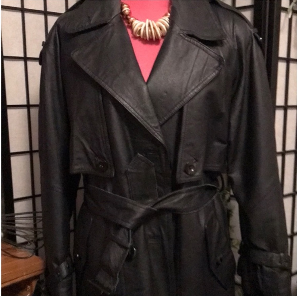 Long black leather trench coat